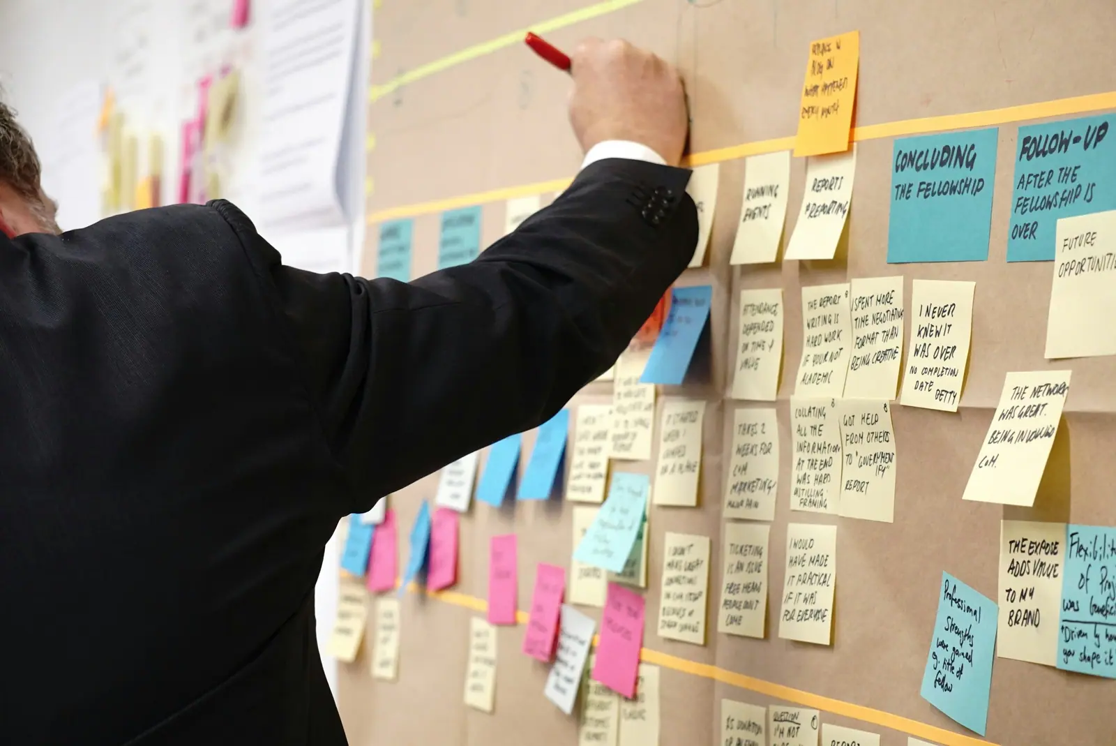 Consultant arranging strategy notes on a planning wall